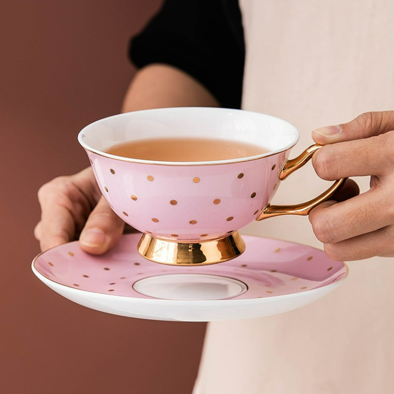 Coffee Tea Flask - Seramik Pembe Kahve Kupaları, Tabaklı Çay